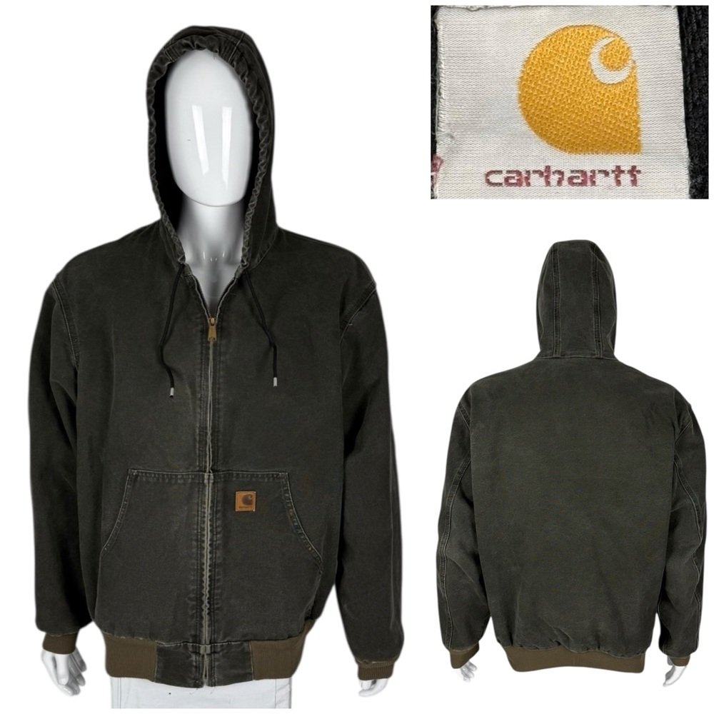 Carhartt Mens XL Jacket Green Hooded J25 MOS Vintage Canvas Faded Look Full Zip